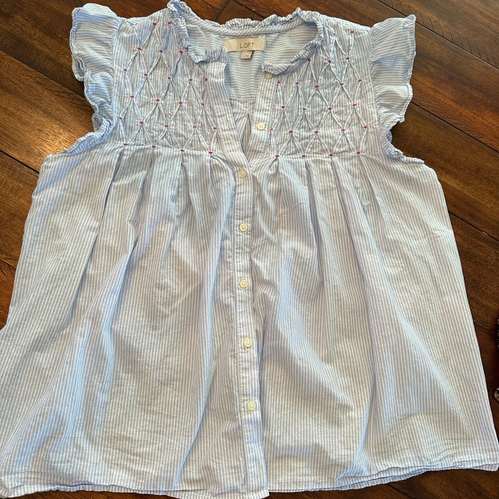 LOFT Light Blue Striped Blouse - Picture 2 of 5